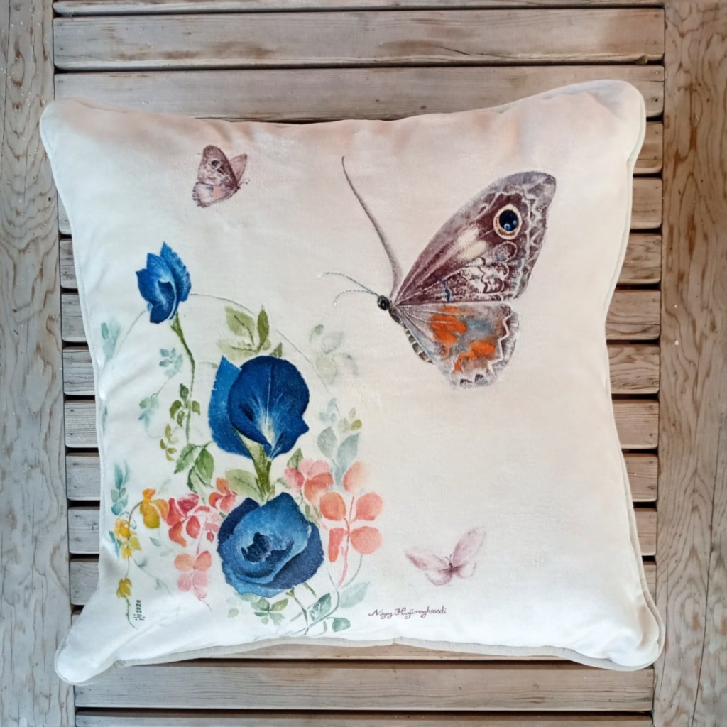 Original painting on cushion- Butterfly with blue flowers