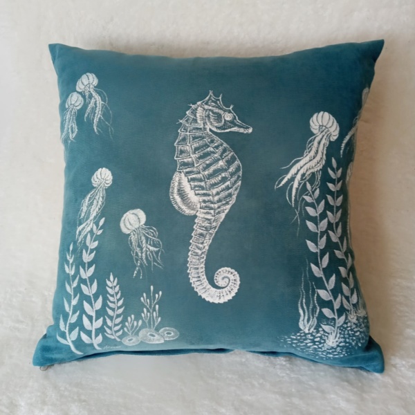 Original painting on cushion- WHITE SEAHORSE