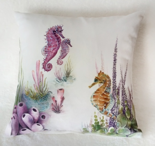 Original painting on cushion - BEAUTIFUL SEAHORSES