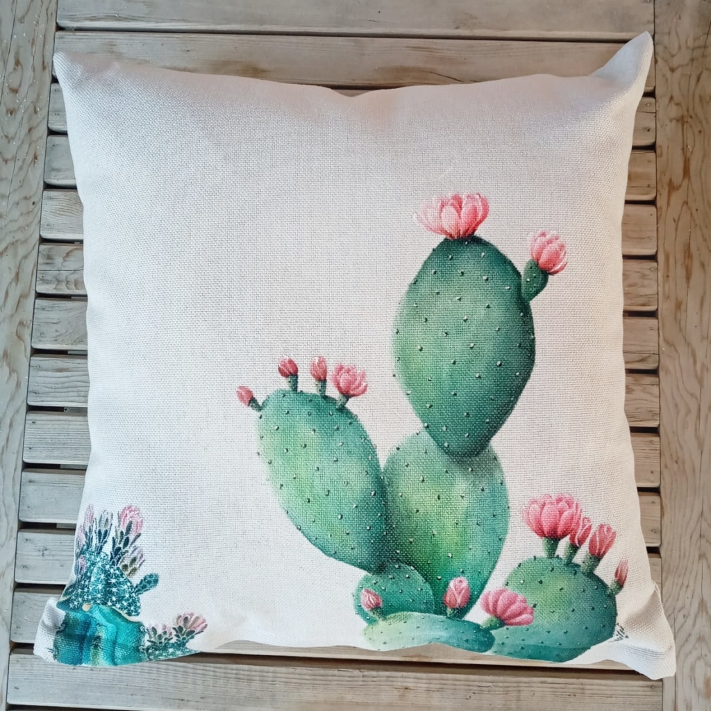 Original painting on cushion- Cactus with pink flowers