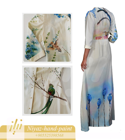 ORIGINAL PAINTING ON SPECIAL DRESS - I have painted a different character of birds in each part of this dress