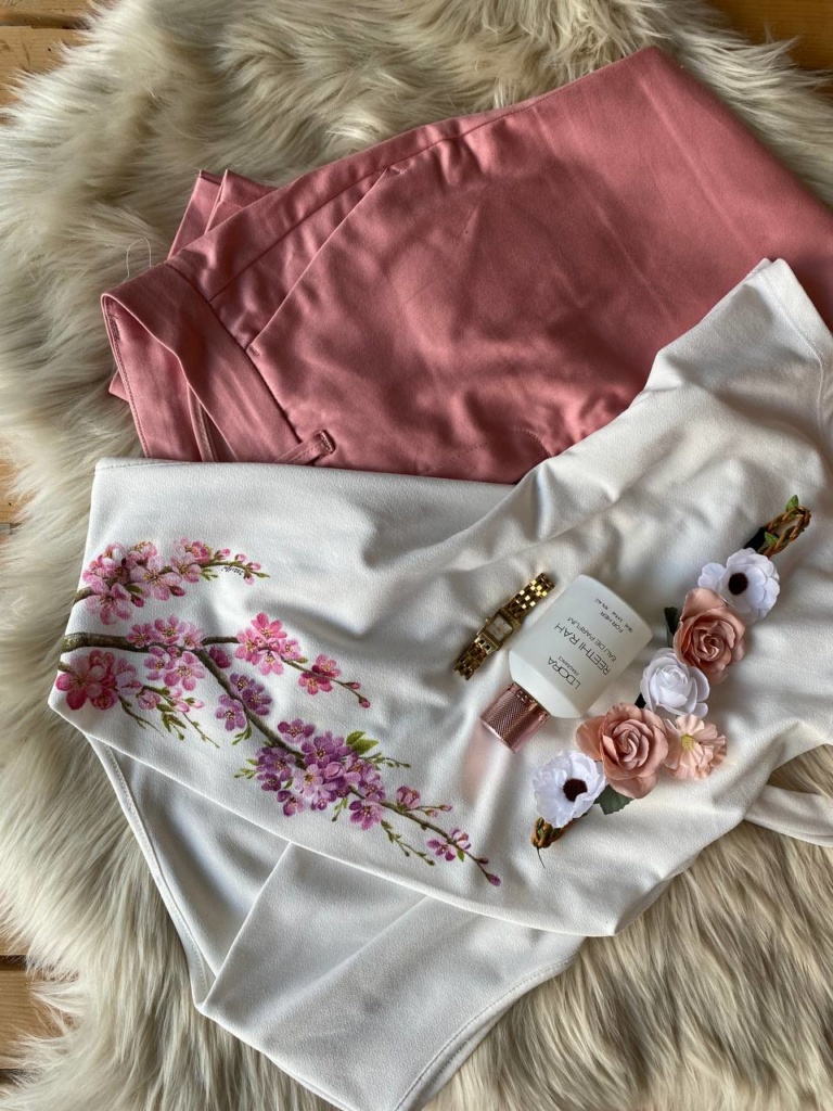 Original pink blossom painting on clothes